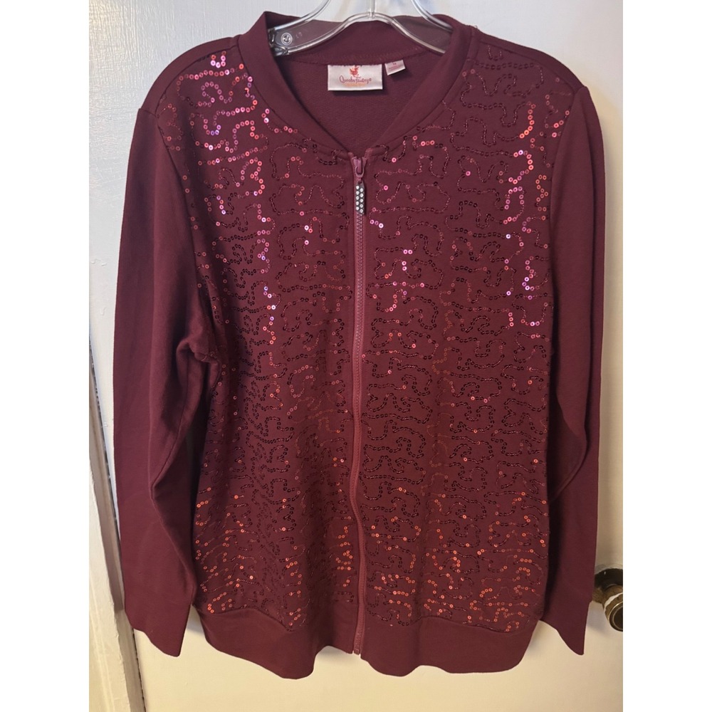 Quacker Factory Sequin Swirl Bomber Jacket SZ Medium Wine Zip Up Women